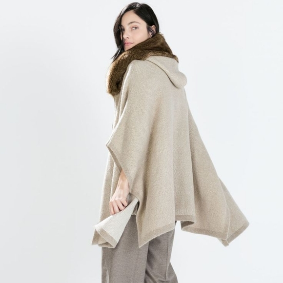Zara Sweaters - Zara Knit Faux Fur Trim Hood Cardigan Poncho Zip Up Knit Cape Size Medium